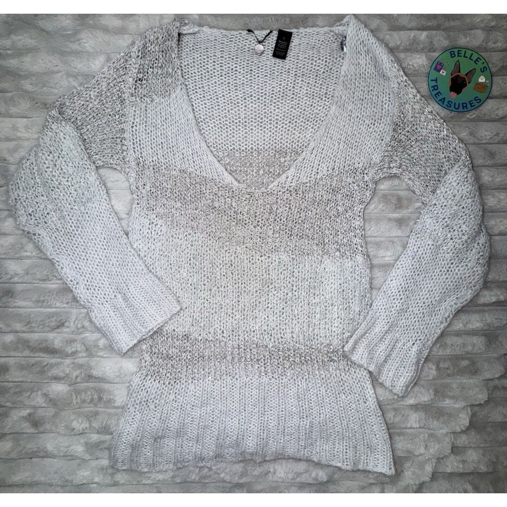 BKE Boutique Women's Large Gray Mohair Metallic Shimmer Open‎ Knit Sweater